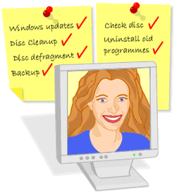Image showing a smiling face ona  computer screen and listing routine maintenance tasks